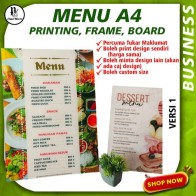 Menu Restaurant Coffee Shop Stall Bakery Custom Design Printing On Board, Acrylic, Frame Size A4
